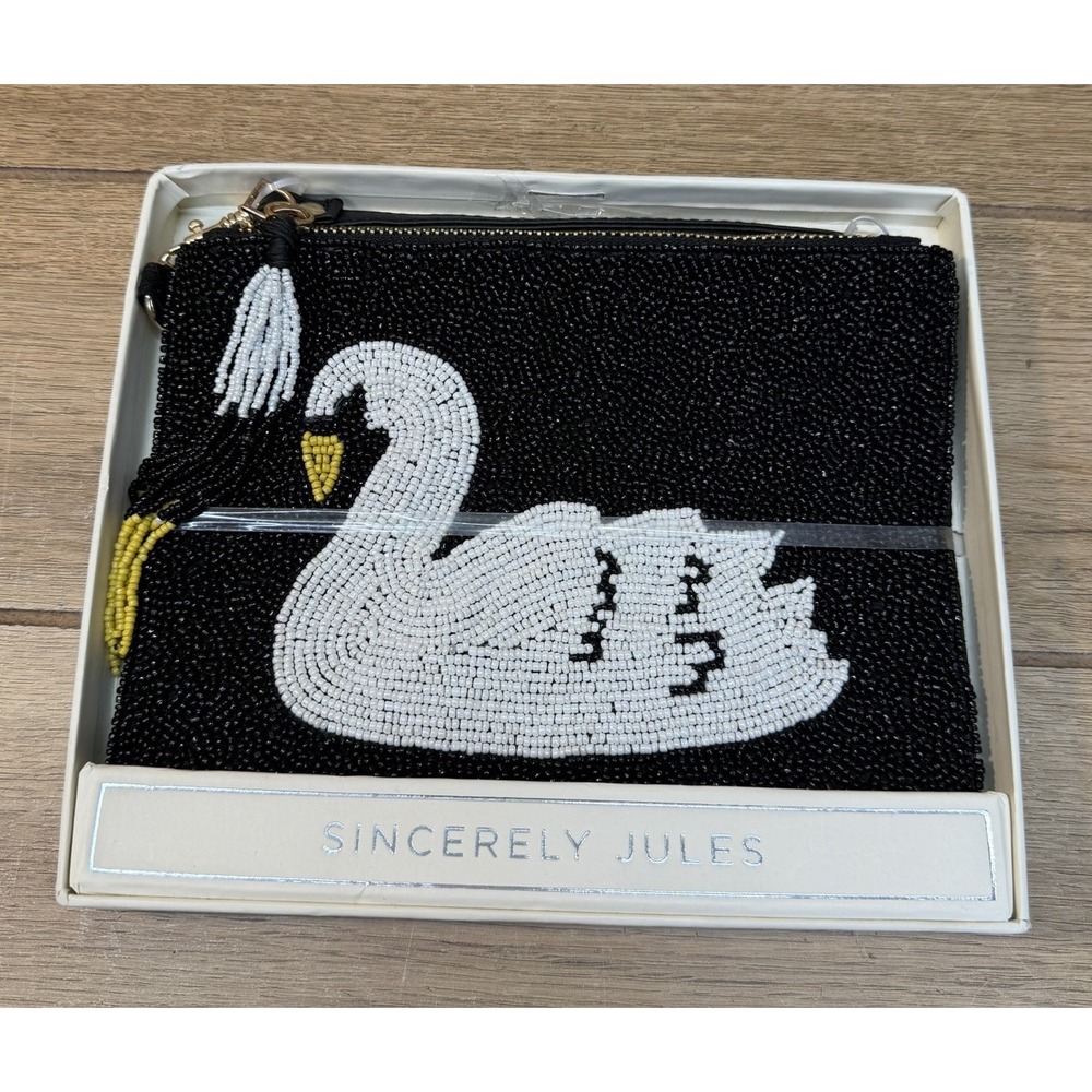 NIB Sincerely Jules SWAN Beaded Wristlet Clutch BLACK WHITE Yellow Gold Zip